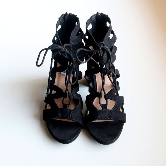 Steve Madden Black Suede Open Toe Lace Up Cut Out Block Heel Bootie Shoes Size 7 - Picture 4 of 14